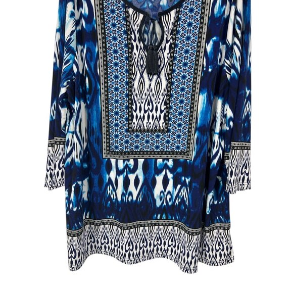 Jones New York Womens 2X Blue & White Printed Tunic Top With Tassel Tie Neckline - Picture 13 of 16